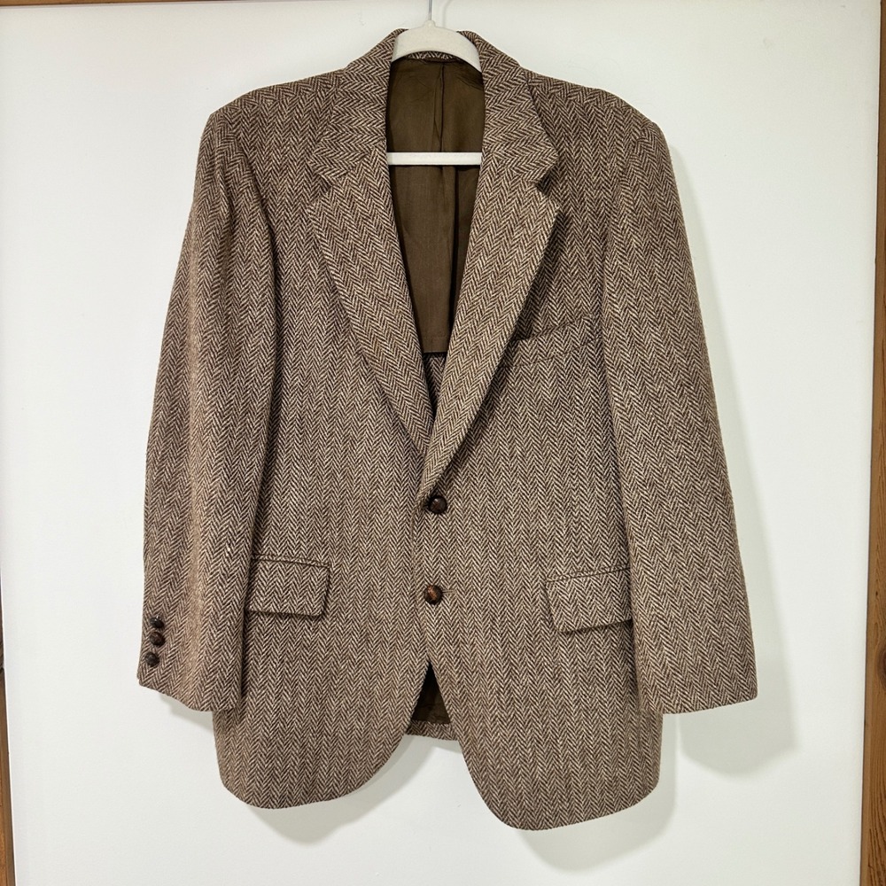 Harris Tweed Blazer Sport Coat Men Brown Herringbone Pure Scottish Wool USA Made